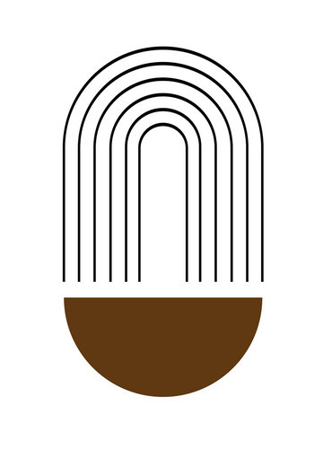 Een minimalistisch ontwerp met een reeks zwarte verticale lijnen die een boog vormen, waarbij de onderste helft is ingebed in een bruine halve cirkel, allemaal tegen een witte achtergrond uit CollageDepot's product 040 - bestsellers.-