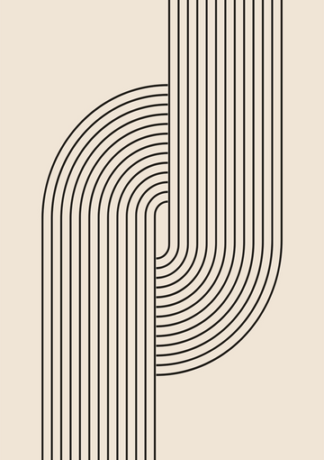 Abstract beeld met zwarte parallelle lijnen op een lichtbeige achtergrond. De lijnen vormen een patroon met twee sets gebogen lijnen die in het midden samenkomen, waardoor een visueel aantrekkelijk symmetrisch ontwerp ontstaat. Dit minimalistische kunstwerk, Gebogen Lijnen Schilderij van CollageDepot, is perfect voor wanddecoratie en kan eenvoudig worden tentoongesteld met een magnetisch ophangsysteem.