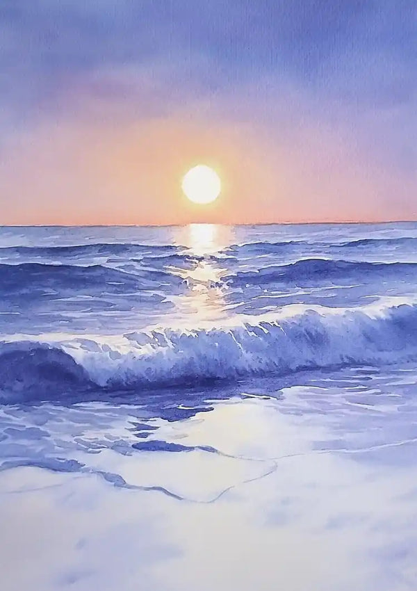 Aquarel strand met ondergaande zon schilderij