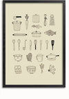 Een ingelijste illustratie toont diverse keuken- en kookgerei, waaronder een pot, wortel, snijplank, rasp, deegroller, garde, vis, lepelset, pollepel, vork, spatel, zeef, ovenwanten, maatbeker, steelpan, eierengarde, schaar. Perfect voor iedere keuken als stijlvolle wanddecoratie middels een magnetisch ophangsysteem. Het Stijlvolle Keukenartikelen Schilderij van CollageDepot is een ideale aanvulling om uw culinaire ruimte te verfraaien.,Zwart-Zonder,Lichtbruin-Zonder,showOne,Zonder
