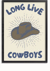 Een ingelijste poster, ideaal voor wanddecoratie, toont een Long Live Cowboys Schilderij van CollageDepot met een bruine hoed in het midden en blauwe stralen die eruit komen. De gewaagde, blauwe tekst luidt "LANG LEVE COWBOYS" boven en onder de hoed.,Zwart-Zonder,Lichtbruin-Zonder,showOne,Zonder