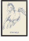 Een ingelijste tekening van een galopperend paard in blauwe inkt op een lichte achtergrond met daaronder de woorden "STAY WILD", perfect als unieke wanddecoratie, is het Stay Wild Schilderij van CollageDepot.,Zwart-Zonder,Lichtbruin-Zonder,showOne,Zonder