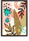 Een ingelijst abstract schilderij met een mix van blauwgroen, zwarte, oranje en beige vormen, inclusief gestileerde bladeren en bloemen. Het ontwerp heeft een moderne, grafische uitstraling met krachtige contouren en overlappende elementen op een lichte achtergrond. Perfect als wanddecoratie met zijn magnetisch ophangsysteem voor eenvoudige weergave van CollageDepot's Botanische Vormen Schilderij.,Zwart-Zonder,Lichtbruin-Zonder,showOne,Zonder