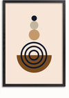 Een ingelijst Cirkels Schilderij van CollageDepot met een minimalistisch ontwerp. De afbeelding toont drie verticaal op elkaar gestapelde cirkels, waarbij de bovenste zwart is, de middelste beige en de onderste bruin. Daaronder bevindt zich een halve cirkel met concentrische ringen in zwart en bruin. Ideale wanddecoratie met een magnetisch ophangsysteem.,Zwart-Zonder,Lichtbruin-Zonder,showOne,Zonder