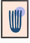 Er wordt een ingelijst Goudvend Lijnontwerp Schilderij van CollageDepot getoond met een uniek ontwerp. De compositie omvat een blauwe, langwerpige vorm die lijkt op een hand of vork, tegen een lichtbeige achtergrond met een paarse cirkel die de blauwe vorm gedeeltelijk overlapt. Het frame is zwart en voorzien van een magnetisch ophangsysteem voor eenvoudige wandmontage.,Zwart-Zonder,Lichtbruin-Zonder,showOne,Zonder