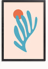 Een ingelijste, minimalistische wanddecoratie met een blauwe abstracte vorm die lijkt op een plant en een roodoranje cirkelvormig element, afgezet tegen een lichtbeige achtergrond. De zwarte lijst vormt een prachtige aanvulling op het Koraal Blauw Schilderij van CollageDepot.,Zwart-Zonder,Lichtbruin-Zonder,showOne,Zonder