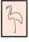 Een minimalistische zwarte lijntekening van een flamingo staat tegen een lichtroze achtergrond. Dit elegante stuk, ingelijst in een eenvoudige zwarte lijst, biedt stijlvolle wanddecoratie met het Flamingo Schets Schilderij van CollageDepot.,Zwart-Zonder,Lichtbruin-Zonder,showOne,Zonder