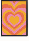 Een ingelijst Harten Patroon Schilderij van CollageDepot, met een reeks concentrische hartvormen in de kleuren roze, oranje en geel. De harten zijn gerangschikt met de kleinste in het midden en steeds groter naar buiten, waardoor een levendig patroon in retrostijl ontstaat. Het beschikt over een wanddecoratie magnetisch ophangsysteem voor eenvoudig ophangen.,Zwart-Zonder,Lichtbruin-Zonder,showOne,Zonder