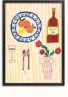 Een ingelijst Speelse Eetopstelling Schilderij van CollageDepot toont een blauwgerand bord met een sinaasappel en citroen, een fles Bordeaux-wijn, een glas wijn, een vork en een mes, en een vaas met rode bloemen. Deze elegante wanddecoratie staat tegen een geel-wit gestreepte achtergrond, perfect om je ruimte te verfraaien.,Zwart-Zonder,Lichtbruin-Zonder,showOne,Zonder