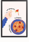 Dit Eat Spaghetti-schilderij van CollageDepot toont een hand die een vork vasthoudt met een hap spaghetti tegen een lichte achtergrond. Hieronder zit een bord spaghetti met gehaktballetjes in een blauwe schaal, waardoor het een perfecte wanddecoratie is. De tekst luidt: "Eet spaghetti om je spijt te vergeten.,Zwart-Zonder,Lichtbruin-Zonder,showOne,Zonder