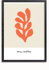 Een ingelijste wanddecoratie met een abstract schilderij van een oranjebladachtig ontwerp van Henri Matisse. De achtergrond is neutraal beige en de handtekening van de kunstenaar wordt onderaan weergegeven binnen een witte rand. Het bevat een magnetisch ophangsysteem voor eenvoudige weergave. Dit is het Zeewiervorm Schilderij van CollageDepot.,Zwart-Zonder,Lichtbruin-Zonder,showOne,Zonder