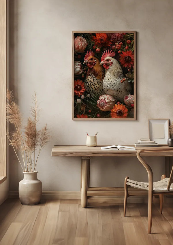 Een minimalistische studeerkamer met een houten bureau en stoel, een beige muur met een ingelijste Kippen Tussen De Bloemen Schilderij van CollageDepot, omgeven door kleurrijke bloemen, een moderne vaas met gedroogde planten op de vloer en een stapel boeken op het bureau. Het schilderij wordt elegant weergegeven door middel van een discreet magnetisch ophangsysteem.,Lichtbruin