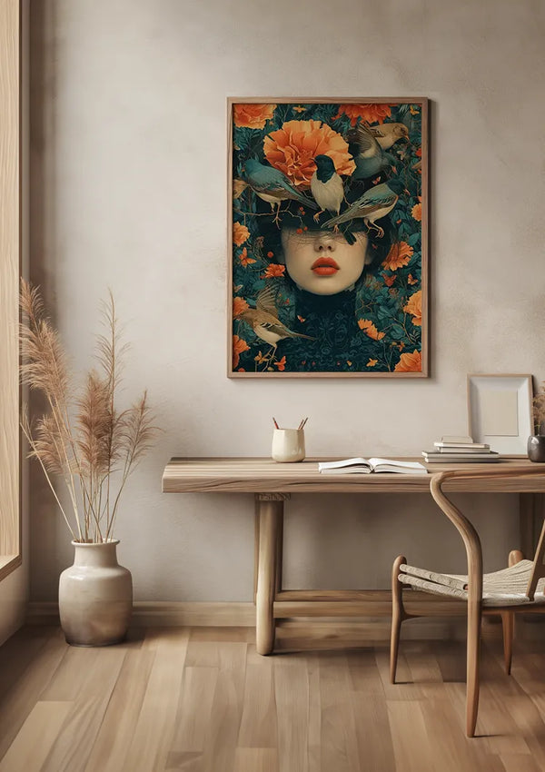 Een minimalistische kamer met een houten bureau en een rieten stoel. Een schilderij met een vrouwengezicht versierd met bloemen en vogels, het Schilderij Vrouwelijk portret met bloemen en vogels in contrast van CollageDepot, hangt aan de muur boven het bureau met behulp van een magnetisch ophangsysteem. Naast het bureau staat een vaas met gedroogde planten op de grond.,Lichtbruin