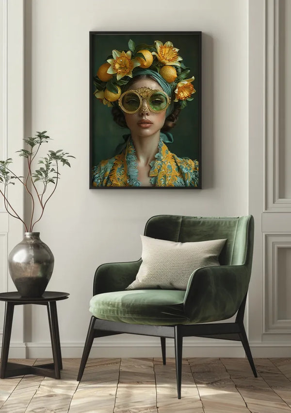 Een moderne woonkamer is voorzien van een groen fluwelen stoel met een beige kussen, een klein zwart bijzettafeltje met een plant en een ingelijst schilderij van Lemon Lady Portrait Schilderij van CollageDepot van een vrouw met een hoofdtooi van bloemen en fruit en een ronde zonnebril aan de muur. versterkt door een innovatief magnetisch ophangsysteem.,Zwart