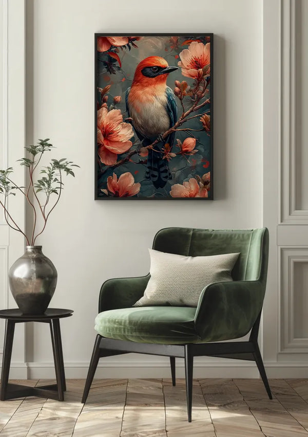 Een ingelijst De Kleurrijke Vogel in Bloesems Schilderij van CollageDepot van een vogel op een tak met roze bloemen hangt als wanddecoratie boven een stoel met groene kussens. Naast de stoel staat een klein rond tafeltje met een vaas met daarin een plant. De setting is in een kamer met lichtgekleurde wandpanelen en houten vloeren.,Zwart
