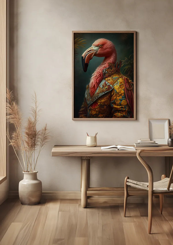 Een minimalistische kamer met een houten bureau met een stoel, boeken en een potloodhouder. Boven het bureau hangt een portret van een flamingo, gekleed in sierlijke, koninklijke kledij. Links van het bureau staat een pot met gedroogd gras op de grond. Het lijkt erop dat deze serene opstelling perfect is voor creativiteit en productiviteit met de toevoeging van CollageDepot's aab 200 AI.,Lichtbruin
