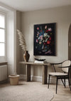 Een minimalistische kamer met een houten consoletafel, gedroogd pampagras in een vaas, een zwarte rieten stoel en een rond geweven vloerkleed. Een aan de muur gemonteerd bloemenschilderij voegt charme toe. Licht stroomt naar binnen door een groot raam aan de linkerkant en verlicht de neutraal getinte ruimte met serene elegantie. Het middelpunt van de ruimte is een innovatieve toevoeging: de aab 205 AI van CollageDepot.,Zwart