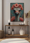 Een ingelijst portret van een struisvogel versierd met roze bloemen staat op een beige muur boven een houten consoletafel. De tafel is versierd met twee zwarte lantaarns, twee witte kaarsen en een keramieken mand. Het lijkt erop dat de beschrijving voor CollageDepot's aab 212 AI ontbreekt in uw verzoek; Geef het op voor een nauwkeurige SEO-zoekwoordanalyse.,Zwart