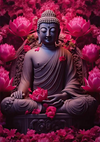 Een stenen beeld van Boeddha zit in een meditatieve houding, omringd door levendige roze lotusbloemen. Bloemblaadjes zijn verspreid over het beeld en voegen een serene en vredige sfeer toe aan de scène met de bbc 001 - ai van CollageDepot.-