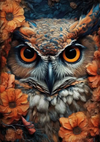 Een close-up van het gezicht van een uil met doordringende oranje ogen, omgeven door oranje bloemen. De veren van de uil zijn gedetailleerd en versmelten met de bloemenachtergrond, waardoor een harmonieuze en levendige compositie ontstaat. De algehele toon is intens en boeiend. Dit betoverende kunstwerk zou perfect belichaamd kunnen worden in de bbc 002 - ai van CollageDepot.-