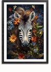 Een ingelijst Florastic Zebra Schilderij van CollageDepot met een zebrakop omringd door verschillende kleurrijke bloemen en bladeren op een donkere achtergrond. De blik van de zebra is recht op de kijker gericht, waardoor een opvallend contrast ontstaat met de levendige bloemenelementen, waardoor dit een opvallende wanddecoratie is, ideaal voor elke ruimte.,Zwart-Met,Lichtbruin-Met,showOne,Met