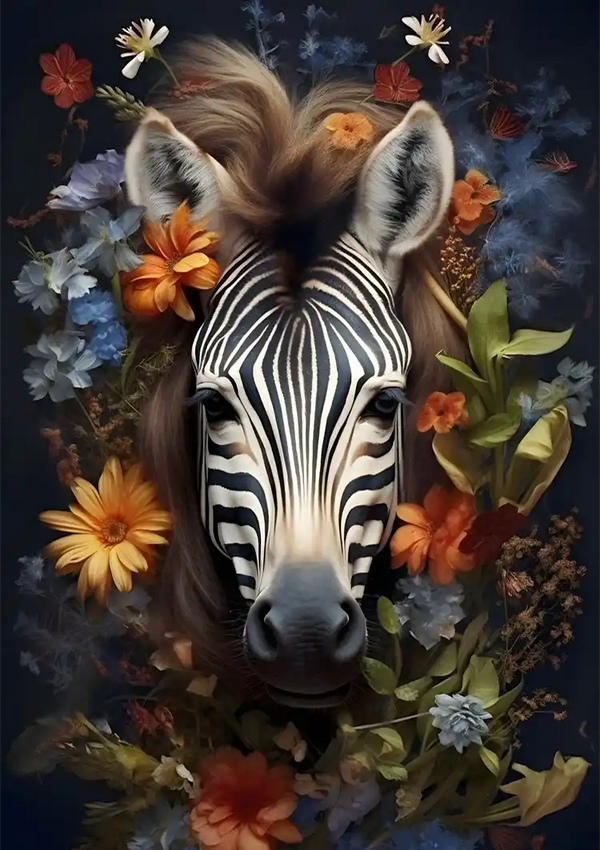 Een digitale illustratie van een zebrakop omringd door verschillende kleurrijke bloemen en bladeren. De bloemen bestaan uit oranje, gele, blauwe en witte bloemen, geplaatst tegen een donkere achtergrond, waardoor een levendig en artistiek tafereel ontstaat. Introductie van "bbc 004 - ai" door CollageDepot.-