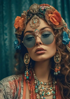 Een vrouw met lang krullend haar draagt een grote ronde zonnebril, talloze kleurrijke kettingen en een sierlijke hoofdtooi versierd met bloemen en sieraden. Ze heeft grote, ingewikkelde oorbellen en een serieuze uitdrukking. Op de achtergrond is een wazig blauwgroen gordijn versierd met het hippiecultuurschilderij van CollageDepot.