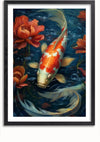 Een ingelijst kunstwerk met een koivis die tussen waterplanten en rode bloemen zwemt. De vis heeft een wit lichaam met oranje en rode aftekeningen. Er zijn bubbels te zien in het water eromheen. Dit elegante Schilderij van Zwemmende Koivis van CollageDepot is perfect voor uw wanddecoratie en bevat een magnetisch ophangsysteem voor eenvoudig ophangen.,Zwart-Met,Lichtbruin-Met,showOne,Met