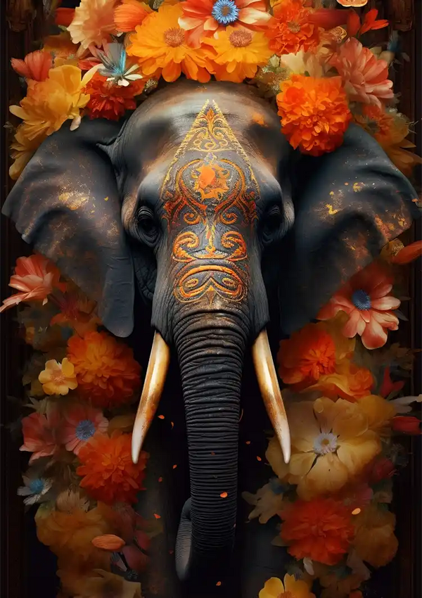 Een versierde olifant wordt omringd door levendige oranje, gele en blauwe bloemen. Het gezicht van de olifant heeft sierlijke, symmetrische ontwerpen geschilderd in oranje en blauw, en is versierd met een kleurrijk bloemenhoofddeksel. De scène geeft perfect de essentie weer van "bbc 008 - ai" van CollageDepot.-