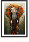 Het CollageDepot Surrealistische Olifant Schilderij, een opvallend wanddecor, toont een realistische afbeelding van het hoofd van een olifant met opgeheven slurf. Omringd door herfstkleurige bloemen en bladeren vormt het een speels halo-effect. Eenvoudig te monteren met een magnetisch ophangsysteem, dit kunstwerk brengt levendigheid in elke ruimte.,Zwart-Met,Lichtbruin-Met,showOne,Met
