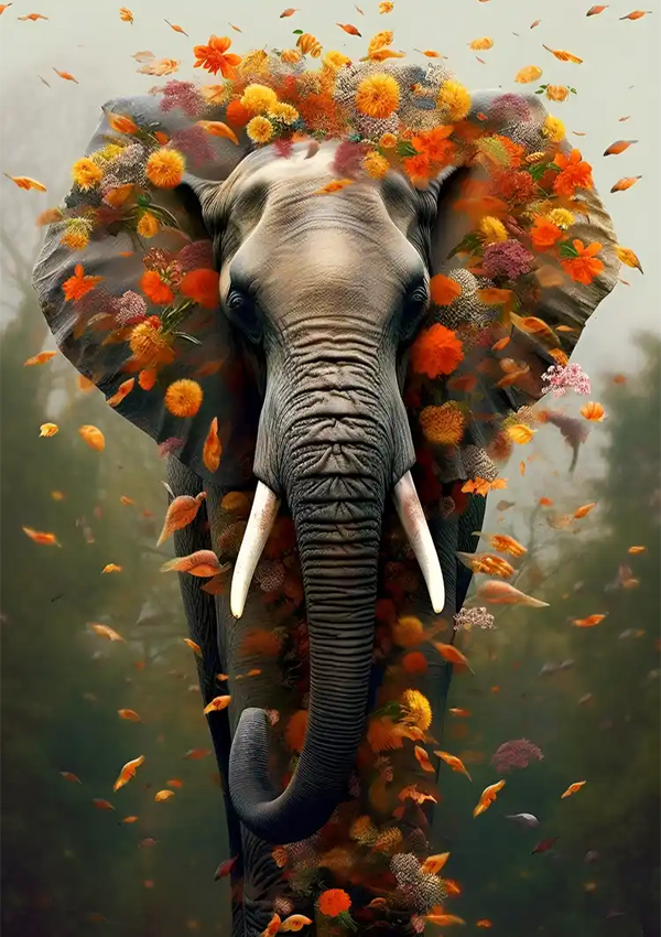 Een digitaal gemanipuleerde afbeelding van een olifant met zijn hoofd omringd door een krans van kleurrijke bloemen en bladeren. De bloemen en bladeren lijken rond te zweven en op te gaan in de achtergrond, waardoor een surrealistisch, dromerig effect ontstaat. Dit is te zien in het product "bbc 009 - ai" van CollageDepot.-