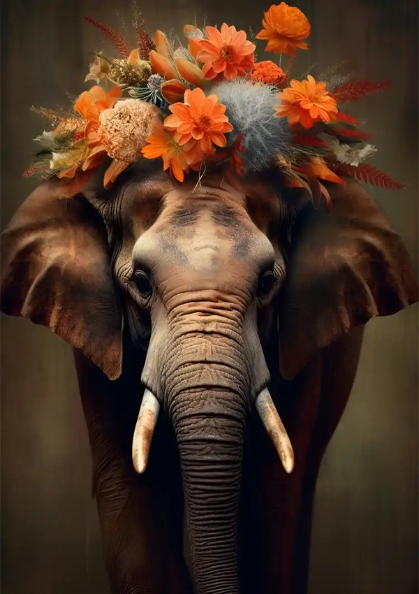 Een close-up van een olifant met grote slagtanden en een kroon van levendige oranje en beige bloemen op zijn hoofd. De achtergrond is donker en gedempt, waardoor de olifant en het bloemstuk worden benadrukt. Dit prachtige stuk is getiteld "bbc 010 - ai" van CollageDepot.-