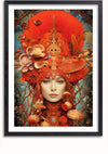 Een ingelijst **Paddenstoelen koningin schilderij** van **CollageDepot** toont het gezicht van een vrouw, versierd met een uitgebreide hoofdtooi bestaande uit verschillende rode en oranje elementen, waaronder paddenstoelen, bloemen en wijnstokken, tegen een levendige, surrealistische achtergrond. Perfect als wanddecoratie voor elke kamer.