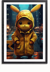 Een ingelijst schilderij van een geanimeerd personage, dat lijkt op Pikachu, gekleed in een gele regenjas met capuchon en konijnenoren, staande in een regenachtige stedelijke omgeving met wazig licht en auto's op de achtergrond. Dit charmante stukje wanddecoratie, het Yellow Rain Coat Schilderij van CollageDepot, bevat een handig magnetisch ophangsysteem voor eenvoudige weergave.,Zwart-Met,Lichtbruin-Met,showOne,Met