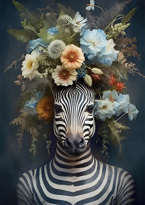 Een zebra staat naar voren gericht, versierd met een uitgebreid hoofddeksel gemaakt van verschillende bloemen en groen. De achtergrond is donker en vormt een contrast met het levendige bloemenarrangement en de kenmerkende zwart-witte strepen van de zebra. Deze scène is te zien in de verbluffende BBC 015 - ai van CollageDepot.-
