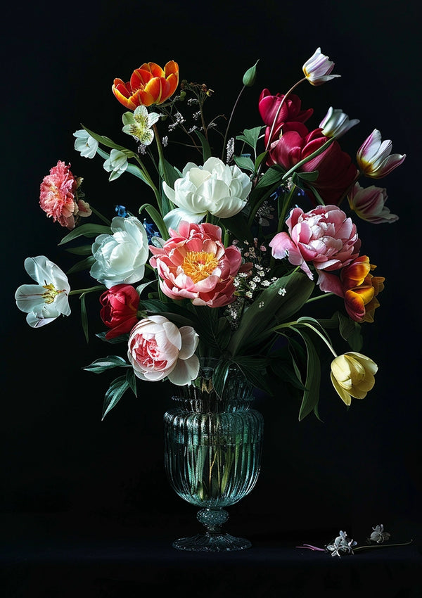 Een CollageDepot aab 206 AI toont een levendig en kleurrijk boeket van witte, roze, rode en gele bloemen tegen een donkere achtergrond. Enkele kleinere bloemen en groen geven het arrangement diepte, waardoor het een echte blikvanger wordt.-