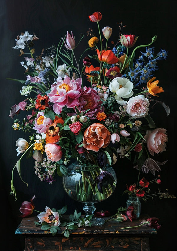 Productomschrijving: De aab 208 AI van CollageDepot beschikt over een grote glazen vaas met een uitgebreid arrangement van verschillende bloemen, waaronder pioenrozen, tulpen, rozen en delphiniums. Het boeket toont een mix van kleuren zoals roze, oranje, wit en blauw, tegen een donkere achtergrond met een paar gevallen bloemblaadjes op tafel.-