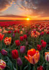 Een uitgestrekt veld met kleurrijke tulpen, waaronder rode, gele, paarse en witte bloemen, strekt zich uit naar de horizon onder een gedeeltelijk bewolkte hemel. De zon gaat onder en werpt een warme oranje gloed over het tafereel. Het lijkt erop dat de productbeschrijving voor de aab 210 AI van CollageDepot ontbreekt in uw zoekopdracht.-