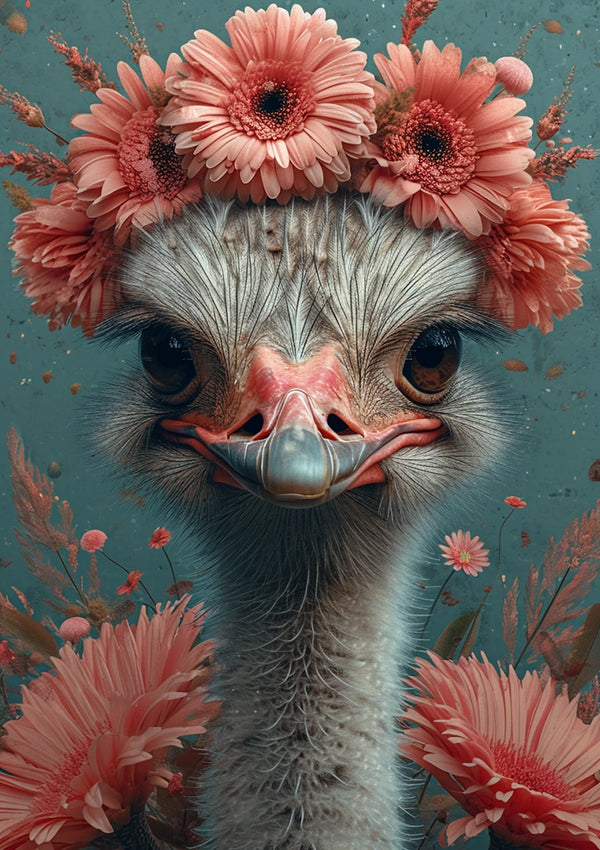 Afbeelding van een struisvogel met een neutrale gezichtsuitdrukking, versierd met een krans van roze bloemen op zijn kop. De achtergrond is gevuld met bijpassende roze bloemen tegen een gedempte blauwgroene achtergrond. De veren en gelaatstrekken van de struisvogel zijn prominent aanwezig, waardoor een uniek en boeiend tafereel ontstaat - aangeboden door de aab 212 AI van CollageDepot.-