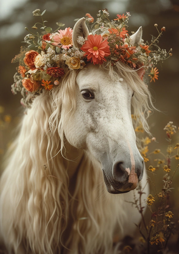 Een wit paard met lange, golvende manen is versierd met een bloemenkroon gemaakt van verschillende kleurrijke bloemen, waaronder roze, oranje en gele bloesems. De achtergrond is enigszins wazig, met groen en meer bloemen. Ik merkte dat het serene en vredige paard een gevoel van rust oproept. Dit pittoreske tafereel wordt tot leven gebracht door de aab 213 AI van CollageDepot.-
