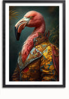 Een ingelijste afbeelding toont een flamingo met een mensachtige torso, gekleed in een uitgebreide, geborduurde outfit in renaissancestijl. De achtergrond is een mix van donkere, bladpatronen. Het lijkt erop dat de productbeschrijving voor de CollageDepot aab 200 AI ontbreekt.,Zwart-Met,Lichtbruin-Met,showOne,Met