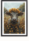 Een ingelijste afbeelding van een koe die in een veld met gele bloemen staat, versierd met slingers om haar hoofd en nek. De achtergrond toont een zachte buitenomgeving vol bloesems en groen. Het lijkt erop dat de productbeschrijving voor CollageDepot's "aab 203 AI" belangrijke SEO-trefwoorden mist om de zichtbaarheid te vergroten.,Zwart-Met,Lichtbruin-Met,showOne,Met