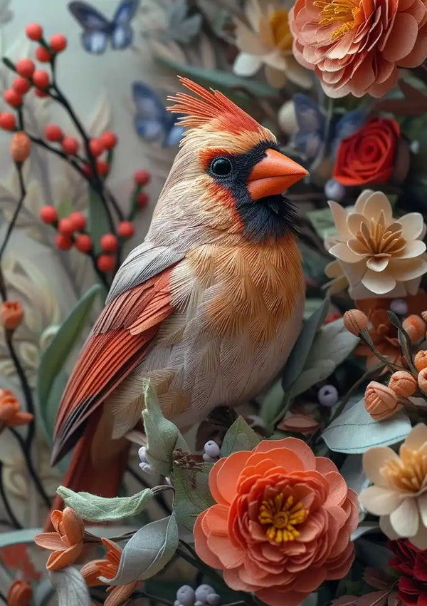 Een gedetailleerd beeld van een kardinaalvogel, gelegen tussen verschillende bloemen en takken. De vogel heeft felrode veren, een prominente oranje snavel en zwarte aftekeningen bij de ogen. Het tafereel bevat rode bessen, groene bladeren en vlinders op de achtergrond - een perfecte wanddecoratie met een magnetisch ophangsysteem. Presentatie schilderij De Kardinaalvogel van CollageDepot.
