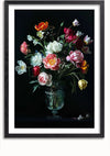 Een ingelijst kunstwerk met de titel "aab 206 AI" van CollageDepot toont een weelderig boeket van verschillende bloemen in volle bloei, gerangschikt in een transparante glazen vaas. De bloemen, waaronder rozen, tulpen en pioenrozen, bevinden zich tegen een donkere achtergrond, wat hun levendige kleuren en gedetailleerde texturen benadrukt. Het lijkt erop dat de productbeschrijving ontbreekt.,Zwart-Met,Lichtbruin-Met,showOne,Met