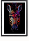 Een ingelijste kunstprint toont het gezicht van een zebra tegen een zwarte achtergrond. De strepen van de zebra zijn levendig gekleurd in de kleuren rood, oranje en blauw, waardoor een opvallend contrast ontstaat tegen de donkere achtergrond. De **aab 211 AI** van **CollageDepot** benadrukt het unieke en levendige ontwerp, perfect voor een moderne inrichting.,Zwart-Met,Lichtbruin-Met,showOne,Met