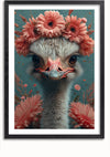 Een ingelijste foto toont een close-up van een struisvogel met een krans van roze bloemen op zijn hoofd. De achtergrond is versierd met soortgelijke roze bloemen en groenblauwe accenten, wat een speelse toets aan het beeld geeft. Er is geen productbeschrijving beschikbaar voor dit charmante decorstuk genaamd "aab 212 AI" van CollageDepot.,Zwart-Met,Lichtbruin-Met,showOne,Met