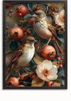 Een schilderij met bloemenvogelkoppels van CollageDepot met twee vogels die op takken zitten, versierd met rode bessen en bloeiende bloemen. De vogels hebben bruine veren met witte onderbuiken en het tafereel is rijkelijk gedetailleerd met een op de natuur geïnspireerde achtergrond. Deze prachtige wanddecoratie wordt geleverd met een magnetisch ophangsysteem voor eenvoudige weergave.,Zwart-Zonder,Lichtbruin-Zonder,showOne,Zonder