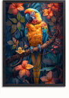 Een levendige papegaai met feloranje en blauwe veren zit op een tak omringd door weelderig tropisch gebladerte en oranje bloemen. Dit prachtige Papegaai in Bloeiende Schoonheid Schilderij, omlijst met een zwarte rand, is de perfecte wanddecoratie voor elke kamer. Verfraai de weergave eenvoudig met een magnetisch ophangsysteem van CollageDepot.,Zwart-Zonder,Lichtbruin-Zonder,showOne,Zonder