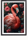 Een ingelijst kunstwerk met de titel "aab 214 AI" van CollageDepot toont een levendige flamingo te midden van donkergroen gebladerte en roze bloemen. De veren van de flamingo zijn gedetailleerd met rode en roze tinten, waardoor een opvallend contrast ontstaat met de omringende planten. Uw verzoek bevatte geen productbeschrijving. Geef de beschrijving op, dan help ik u belangrijke SEO-zoekwoorden te identificeren.,Zwart-Met,Lichtbruin-Met,showOne,Met