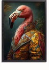 Een gedetailleerd schilderij van een flamingo gekleed in een uitgebreide outfit in barokstijl met gouden borduursels en ingewikkelde patronen. De achtergrond heeft een wazig, donkergroen jungletafereel. Het lijkt erop dat de productbeschrijving ontbreekt in uw verzoek. De afbeelding is ingelijst in een eenvoudig zwart frame met de aab 200 AI van CollageDepot.,Zwart-Zonder,Lichtbruin-Zonder,showOne,Zonder